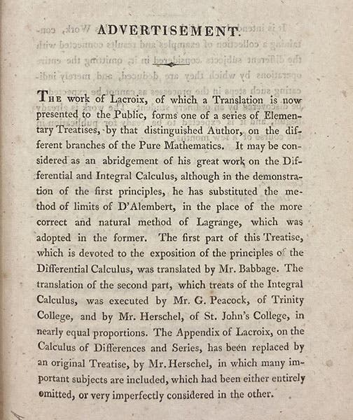 Advertisement, An Elementary Treatise on the Differential and Integral Calculus, by S.F. Lacroix, tr. by George Peacock et al., 1816 (Linda Hall Library)