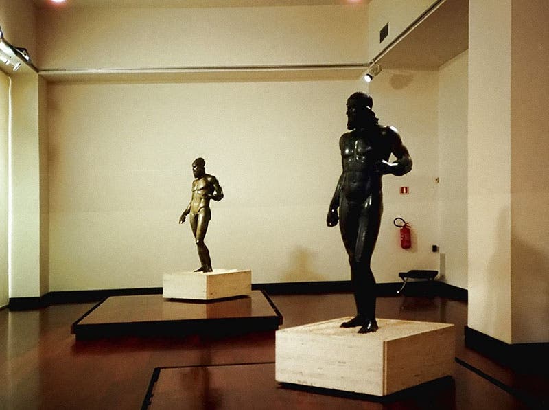 Riace bronzes on display, National Archaeological Museum of Magna Graecia, Reggio Calabria, Italy (Wikimedia commons)