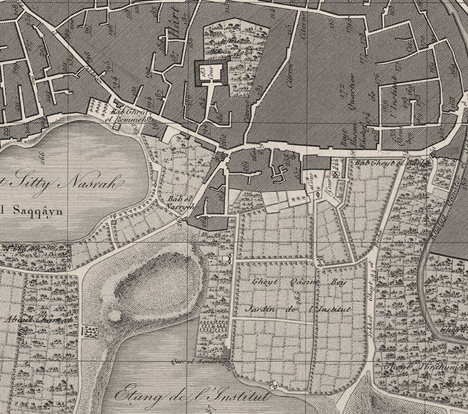 Detail of map of Cairo, showing gardens of Hasân Kâchef and Qasim Bey, where the Institute of Egypt was housed, engraving in Description de l’Égypte. État modern. Planches, vol. 1, pl. 26, 1809-1828 (Linda Hall Library)