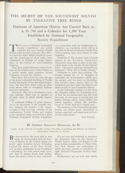 First page of "The secret of the Southwest solved by talkative tree rings,” by Andrew E. Douglass, National Geographic, 1929 (Dec.), vol. 56, no. 6 (Linda Hall Library)