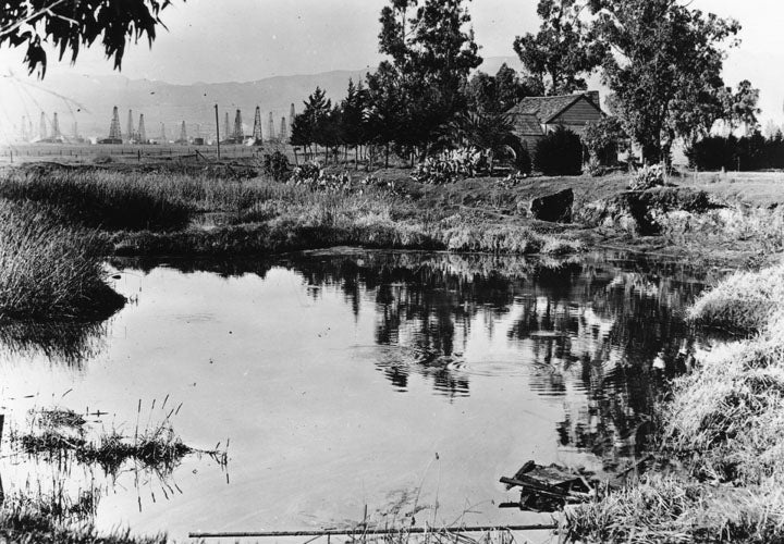 Tar pits at Rancho La Brea, Los Angeles, photograph, 1910 (Wikimedia commons)