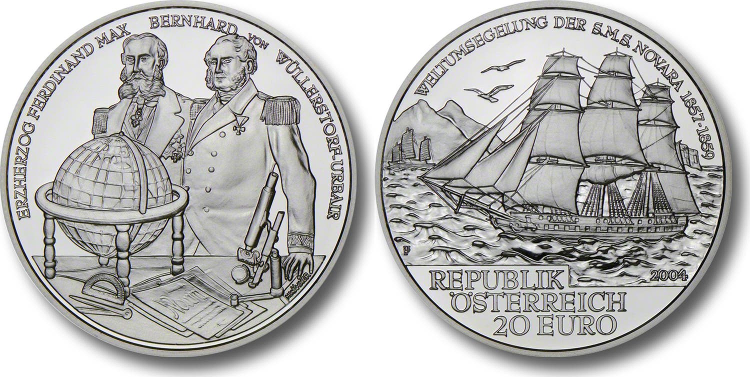 2004 Austrian euro coin, with Wüllerstorf-Urbair on the front and the Novara on the verso (img.ma-shops.com)