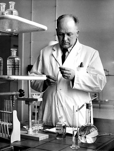 Fritz Strassmann in the lab, photograph, undated, 1960s? (sway.com)
