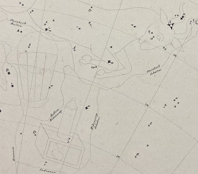 Detail of Capricorn, Globus Aerostaticus (Balloon), Microscopium, the latter two being non-traditional southern constellations, although Microscopium has been accepted, Atlas des gestirnten Himmels, by Joseph Johann Littrow, plate XXII, 1839 (Linda Hall Library)