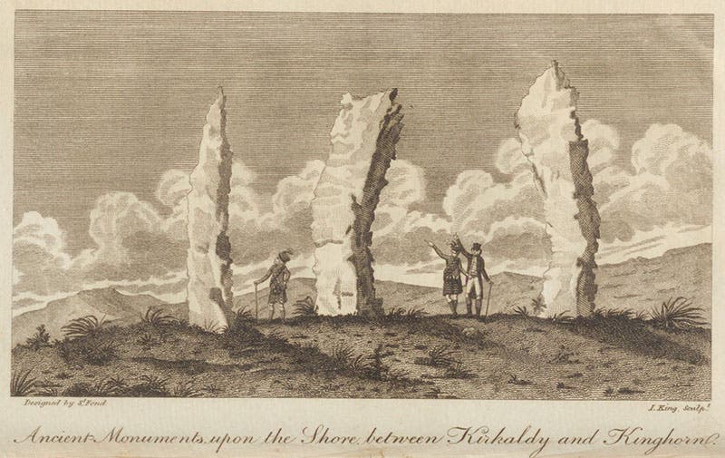 Standing stones between Kirkcaldy and Kinghorn in Fife, Scotland, engraving in Travels in England, Scotland, and the Hebrides, by Barthélemy Faujas-de-Saint-Fond, vol. 2, 1799 (Linda Hall Library)