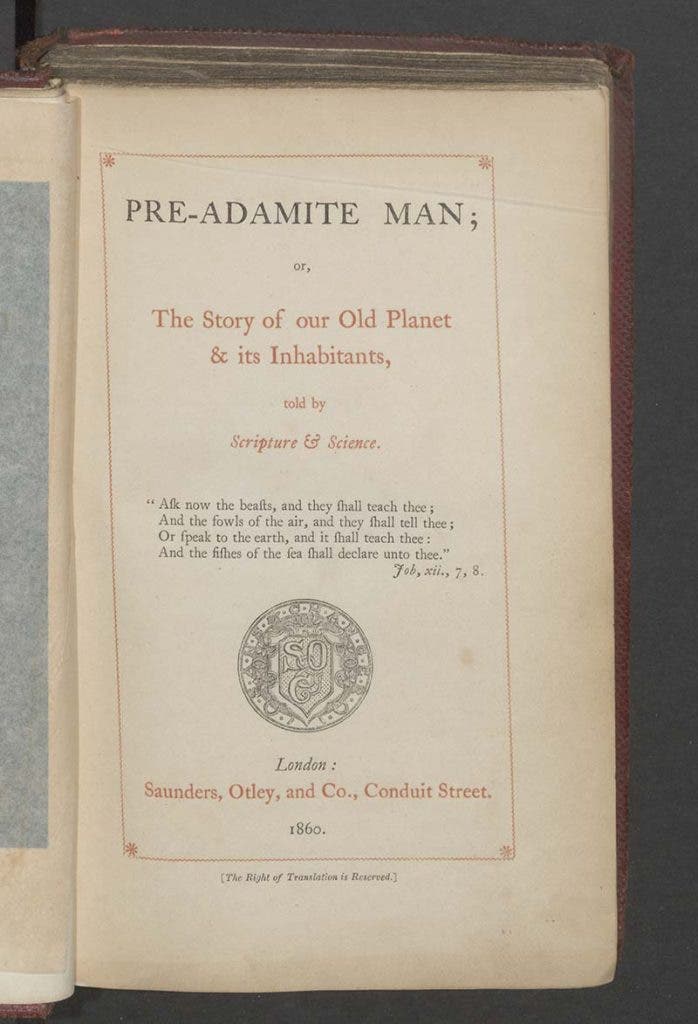 Title page of Pre-Adamite Man, by Isabelle Duncan, 2nd edition, 1860 (Linda Hall Library)