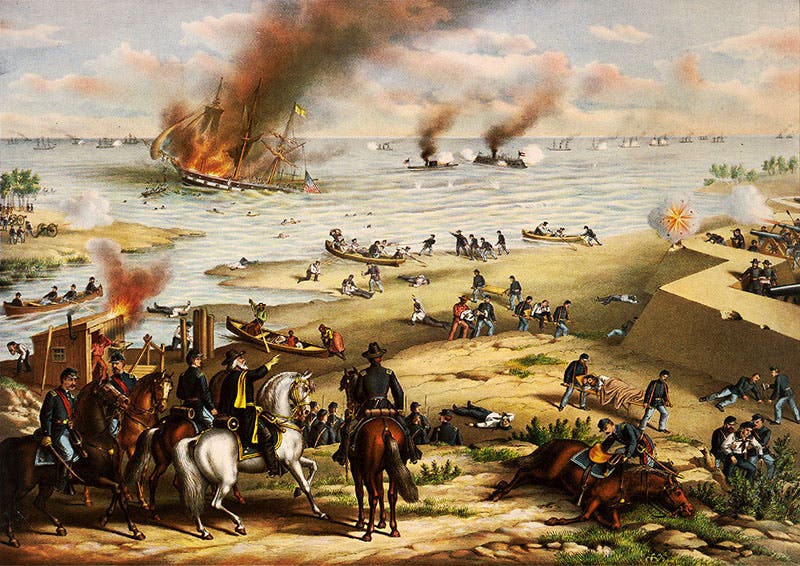 The Battle of Hampton Roads, chromolithograph, 1889, Library of Congress (Wikimedia commons)