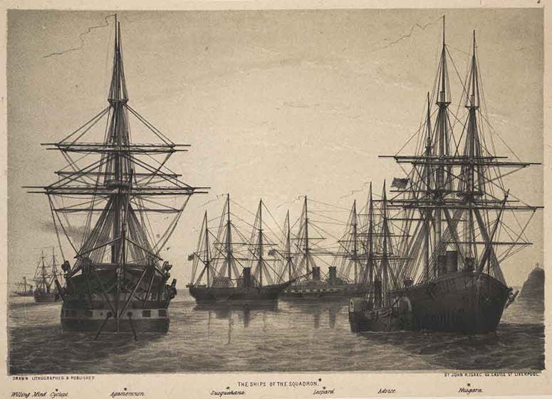The first “cable squadron” setting up from England in 1857; the English cable-bearing ship Agamemnon is the large one at the left; the American ship Niagara is at the right, tinted lithograph in Laying the Atlantic Telegraph Cable from Ship to Shore: A Series of Sketches Drawn on the Spot, by John R. Isaac, 1857-58 (Linda Hall Library)