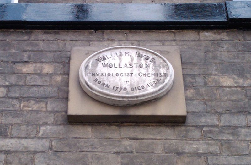 Grey plaque honoring William Hyde WollastonWollaston in Bury St Edmunds, location unknown (sleepymwf on flickr.com)