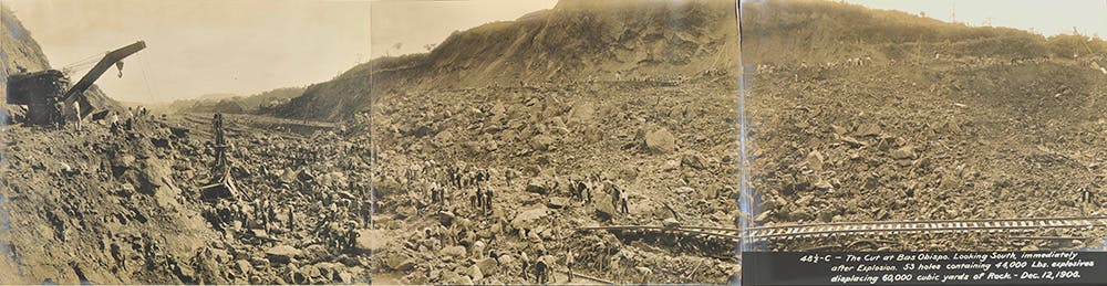 Searching for survivors after a premature blast at Bas Obispo that killed 26 and injured 49 men, December 12, 1908. On December 12, 1908, shortly after 11 am, two explosions at Bas Obispo unexpectedly set off 44,000 tons of dynamite, throwing men and steam shovels across the Culebra Cut. Almost 60,000 cubic yards of rock filled the Canal, 20 to 30 feet deep in some places.  