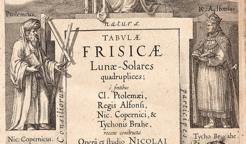 Detail of title page, engraving, showing Ptolemy of Alexandria and Alfonso X of Castile, in Nicolaus Mulerius, Tabulae frisicae, 1611 (Linda Hall Library)