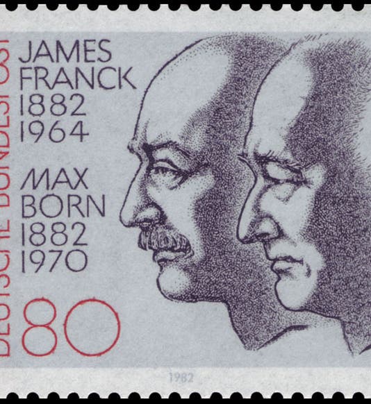 Postage stamp, issued in 1982 by the German <i>Bundespost</i> to honor the centennial of the births of James Franck and Max Born (Wikimedia commons)