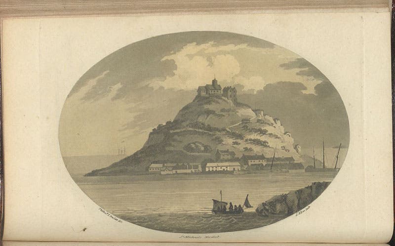 Saint Michael Mount, aquatint by Samuel Alken after drawing by Thomas Rackett, in Observations Relative Chiefly to the Natural History, Picturesque Scenery, and Antiquities, of the Western Counties of England, by Willam George Maton, vol. 1, p. 196, 1797.