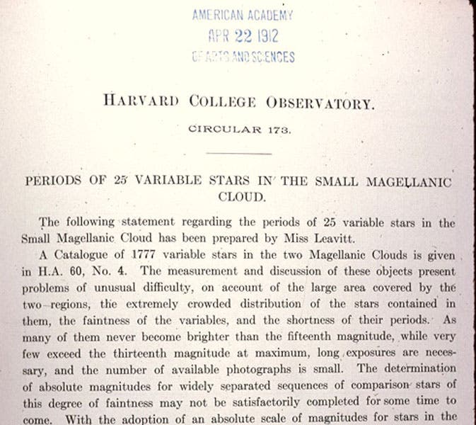 First page of paper by Henrietta Swan Leavitt, “Periods of 25 variables in the Small Magellanic Cloud,” under the byline of Edward Pickering, Harvard College Observatory Circular no. 173, 1912 (Linda Hall Library)