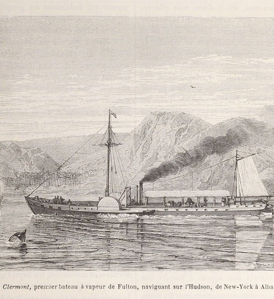 The Clermont (North River) of Robert Fulton steaming up the Hudson River, wood engraving in Louis Figuier, Merveilles de la Science, vol. 1, 1867 (Linda Hall Library)