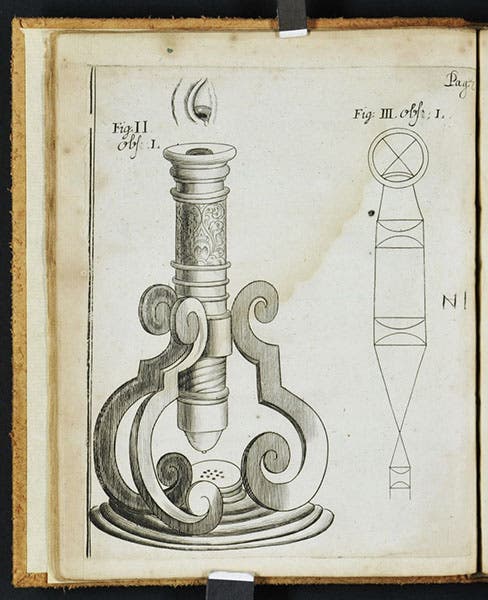 Microscope designed and built by Johann Franz Griendel, and the system of lenses used in that microscope, engraving in his Micrographia nova, 1687 (Linda Hall Library)