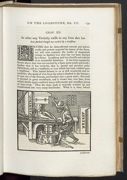 Blacksmith forging a magnet, woodcut from William Gilbert, On the Magnet, 1900 (Linda Hall Library)