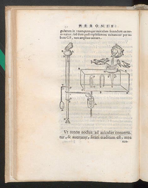 Diagram of a pneumatic bird automaton, in Heronis Alexandrini Spiritalium liber, trans. by Federico Commandino, 1575 (Linda Hall Library)