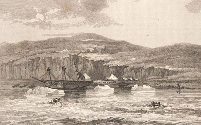 HMS Fury being abandoned on Fury Beach, Aug. 25, 1825, her stores and life boats unloaded, engraving in Journal of a Third Voyage for the Discovery of a Northwest Passage, by William Edward Parry, 1826 (Linda Hall Library)