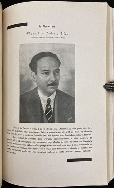 Obituary for Manuel de Castro Silva, with portrait photo, Memorias do Instituto Oswaldo Cruz, vol. 28, inse before p. 1 of no. 4, 1934 (Linda Hall Library)
