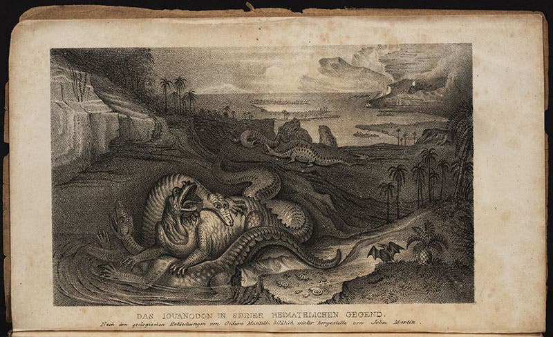 “The Country of the Iguanodon,” lithographed frontispiece after a mezzotint by John Martin, Die Phänomene der Geologie, by Gideon Mantell, vol. 1, 1838 (Linda Hall Library)