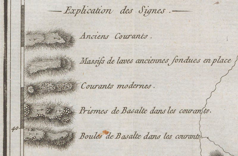 Detail of map legend, showing the symbols for ancient currents, masses of lava, modern currents, prismatic (columnar) basalt, and basalt “boules,” Memoires de l’académie royale des sciences pour 1771 (Linda Hall Library)