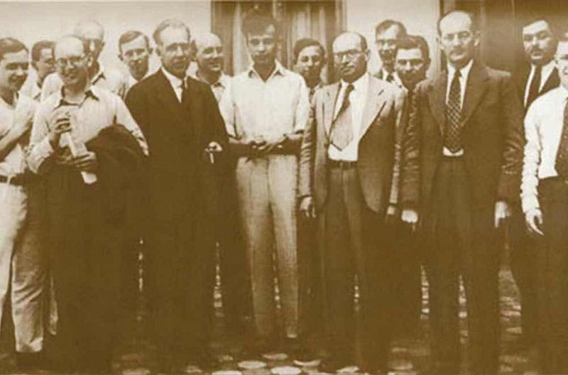 Niels Bohr (left of center) visiting Lev Landau (center