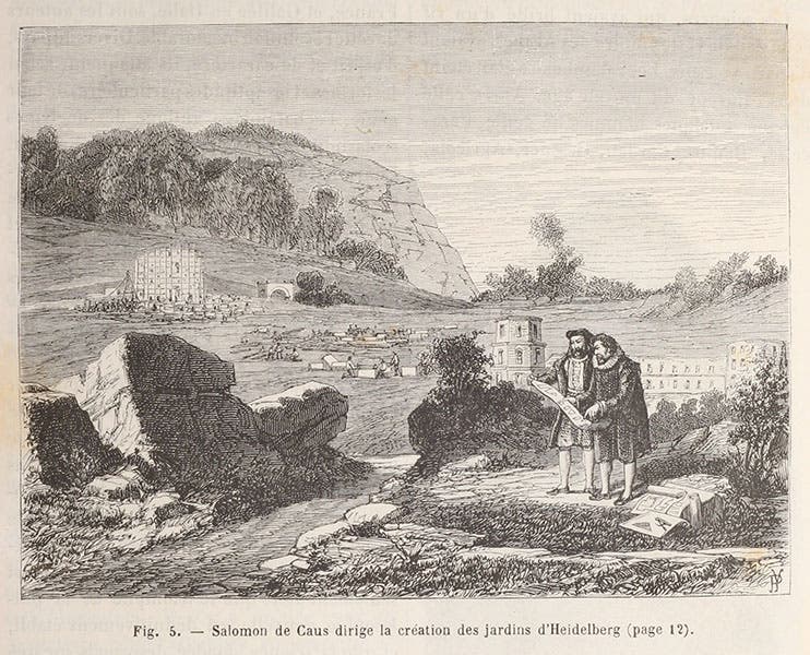 Salomon de Caus building the gardens at Heidelberg Castle, wood engraving, Louis Figuier, Les Merveilles de la science, 1867 (Linda Hall Library)