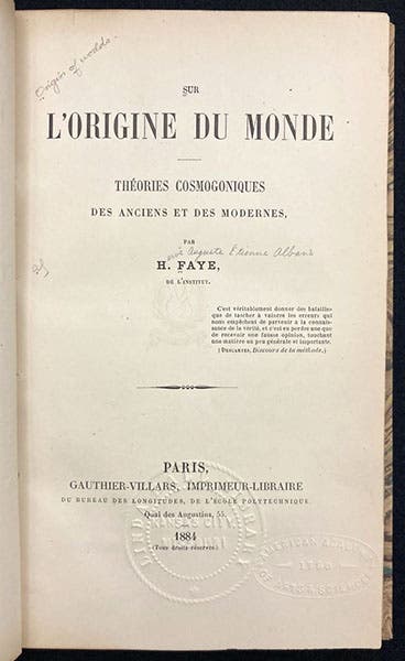 Title page, Sur l'orígine du monde : Théories cosmogoniques des anciens et des modernes, by Hervé Faye, 1884 (Linda Hall Library)