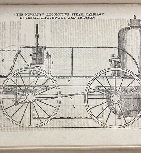 Novelty, locomotive built by John Braithwaite and John Ericsson for the Rainhill Trials, woodcut in Mechanics' Magazine, Register, Journal, and Gazette, vol. 12, p. 129, Oct. 17, 1829 (Linda Hall Library