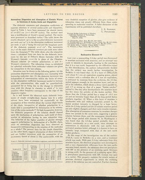 First page of paper, “Radioactive element 93,” by Edwin McMillan and Philip Abelson, Physical Review, 1940 (Linda Hall Library)