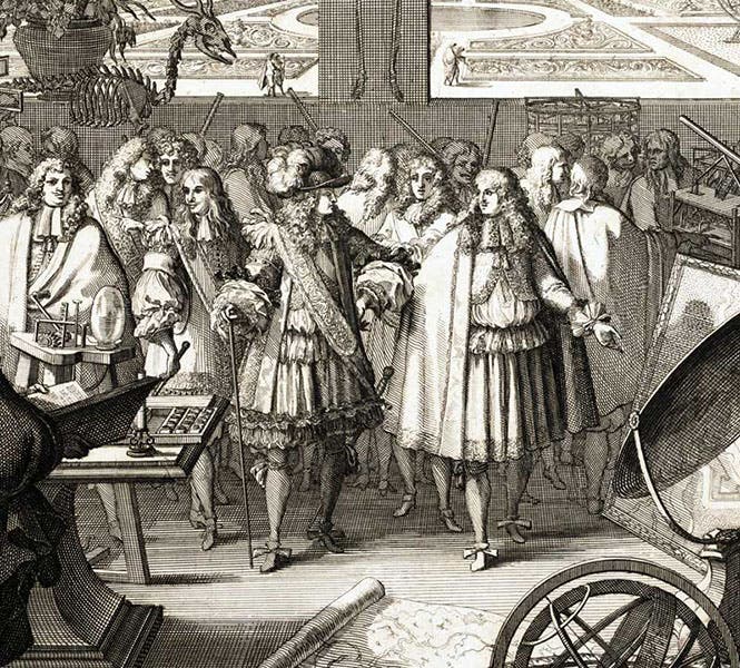 Louis XIV (left, with hat) and Jean- Baptiste Colbert (right), detail of second image, Mémoires pour servir à l'histoire naturelle des animaux, by Claude Perrault, 1676 (Linda Hall Library)