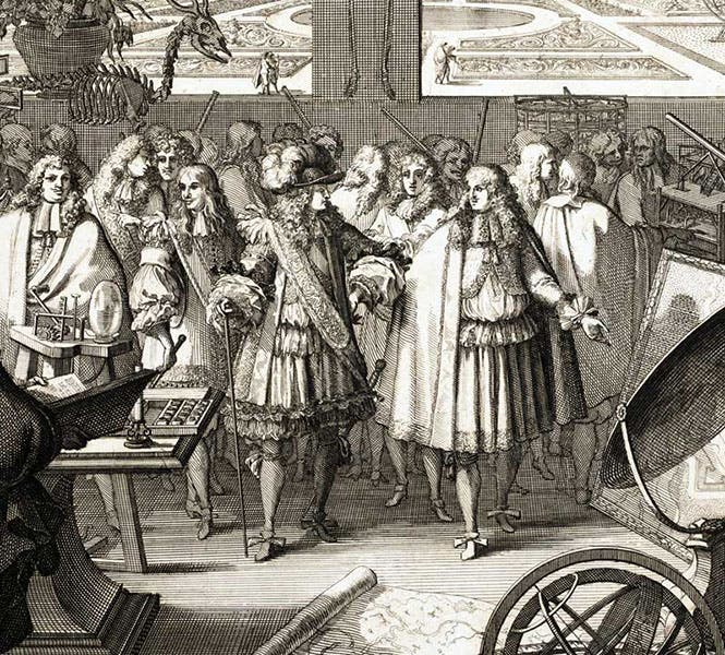 Louis XIV (left, with hat) and Jean- Baptiste Colbert (right), detail of second image, Mémoires pour servir à l'histoire naturelle des animaux, by Claude Perrault, 1676 (Linda Hall Library)