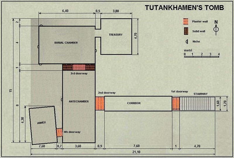 A plan of the tomb of Tutankhamun, with entrance at right, burial chamber at top, and the three sealed doorways in between (Wikimedia commons)