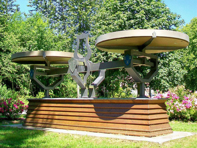 Sculpture of a Roberval balance, château gardens, Roberval, Oise, France (Wikimedia commons)