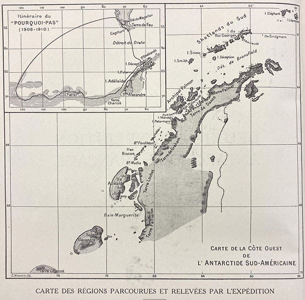 Map of the voyage of the Pourquoi-Pas? on the second French expedition to Antarctica, 1908-10; the southern tip of South America is at the top; frontispiece to vol. 20 of Deuxième expédition antarctique franc̜aise (1908-1910), by Jean-Baptiste Charcot, 1911-17 (Linda Hall Library)