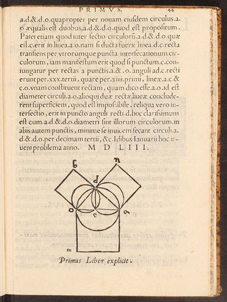 Diagram, end of book 1, Resolutio omnium Euclidis problematum aliorumque, by Giovanni Battista Benedetti, 1553 (Linda Hall Library)