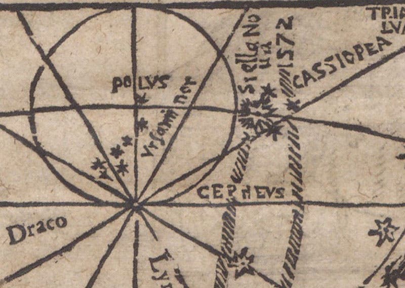 “Stella nova 1572 Cassiopea,” new star of 1572 in Cassiopeia, detail of woodcut comet map, title page, Consideratio & obseruatio cometae aetherei astronomica, qvui anno M D LXXX … in alto Aethere apparuit, by Michael Maestlin, 1581 (The Linda Hall)