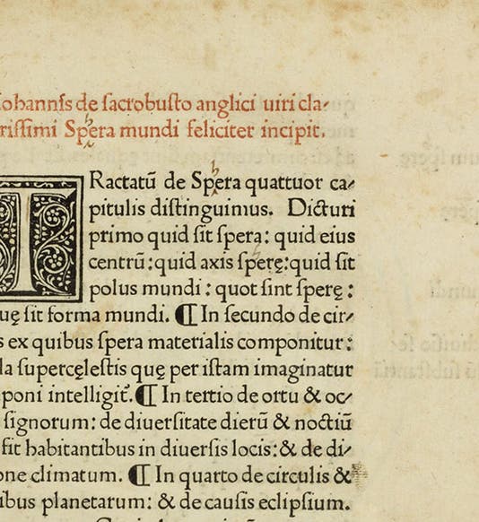 Detail of first page, with “Johannss de Sacrobusto” and “Spera mundi” in red, Johannes de Sacrobosco, Spera mundi, printed by Franz Renner, 1478 (Linda Hall Library)