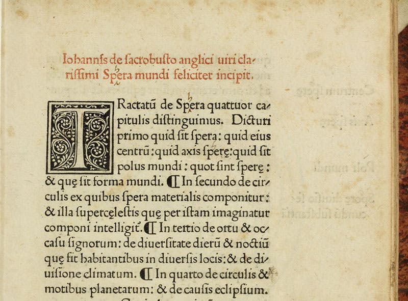 Detail of first page, with “Johannss de Sacrobusto” and “Spera mundi” in red, Johannes de Sacrobosco, Spera mundi, printed by Franz Renner, 1478 (Linda Hall Library)