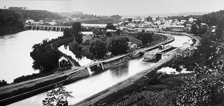 Aqueduct carrying Erie Canal over Mohawk River, Rexford, New York, replacing original aqueduct built by Canvass White, photograph, ca 1900, (Wikimedia commons)