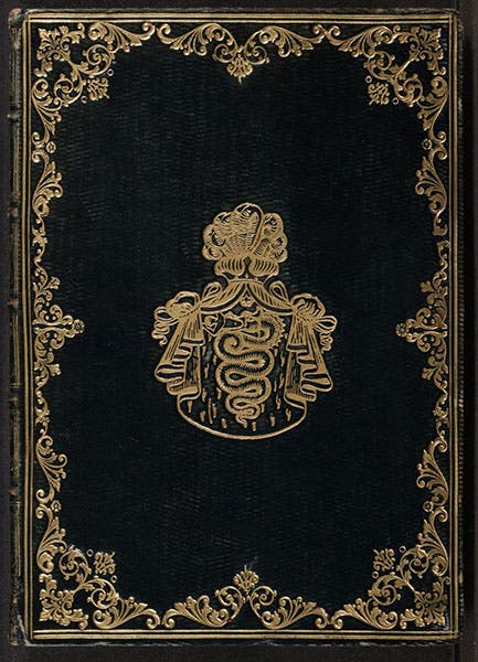 Binding, Discorso delle comete, by Mario Guiducci (i.e., Galileo Galilei), 1619, with armorial device of a later owner, Uberto Visconti di Modrone (Linda Hall Library)
