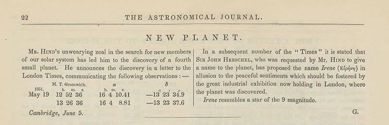 Announcement of the discovery of minor planet 14 Irene, May 19, 1851, by John Russell Hind, in Astronomical Journal, vol. 2, 1852 (Linda Hall Library)