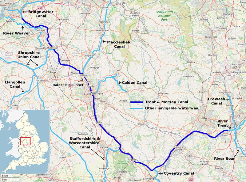 Modern map of the Trent & Mersey Canal, from the river Trent at right, though the potteries at Stoke-on-Trent, to Runcorn (and the Bridgewater Canal) at upper left (Wikimeda commons)