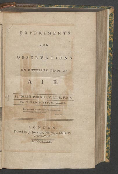 Title page, <i>Experiments and Observations on Different Kinds of Air</i>, by Joseph Priestley, 1777-84, where one can see the bleed from the folded frontispiece (second image) (Linda Hall Library)