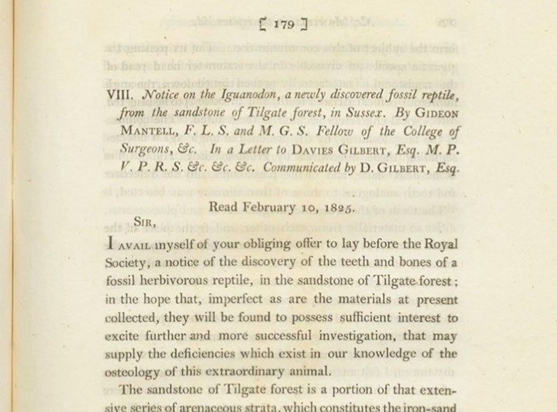 “Notice on the Iguanodon,” detail of first page, Gideon Mantell, Philosophical Transactions of the Royal Society of London, vol. 115, 1825 (Linda Hall Library)