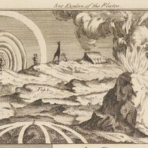 The multiple rainbows or irises seen around the shadows of persons in high altitude deserts, with an erupting Cotopaxi added in, detail of an engraving in A Voyage to South America, by Jorge Juan and Antonio de Ulloa, 2nd Engl. ed., vol. 1, plate 5, p. 446, 1760 (Linda Hall Library)