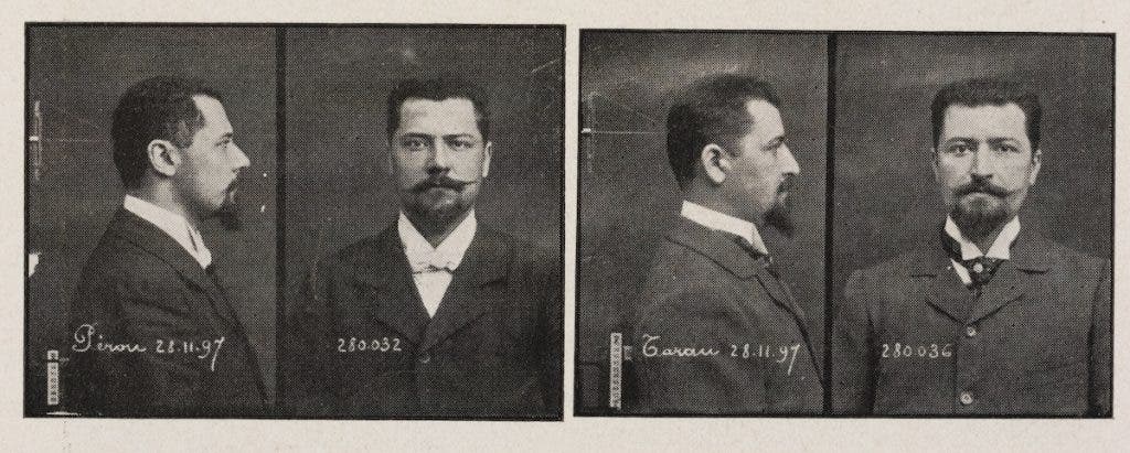 Attempts to identify criminals by physical features can be highly inaccurate as depicted by these mugshots of two unrelated individuals. Though not infallible, the application of science in law enforcement attempts to accurately identify material evidence. Image source: Frazer, Persifor. “Identification of Human Beings by the System of Alphonse Bertillon.” The Journal of the Franklin Institute, vol. 167, no. 9, 1909. View Sou