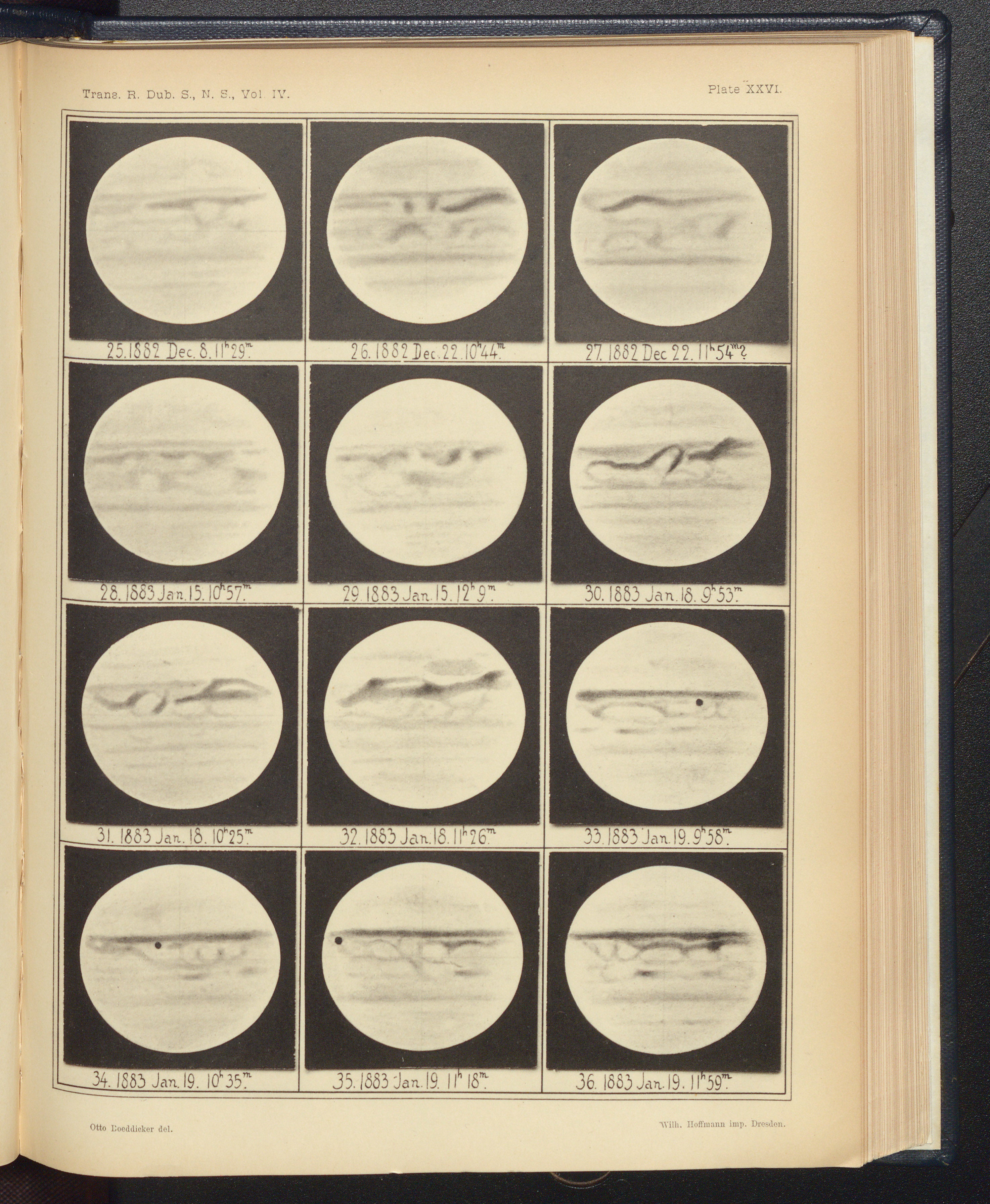 Twelve views of Jupiter, 1882-83, lithograph after drawings by Otto Boeddicker, in Scientific Transactions of the Royal Dublin Society, ser. 2, vol. 4, plate 26, 1889 (Linda Hall Library)
