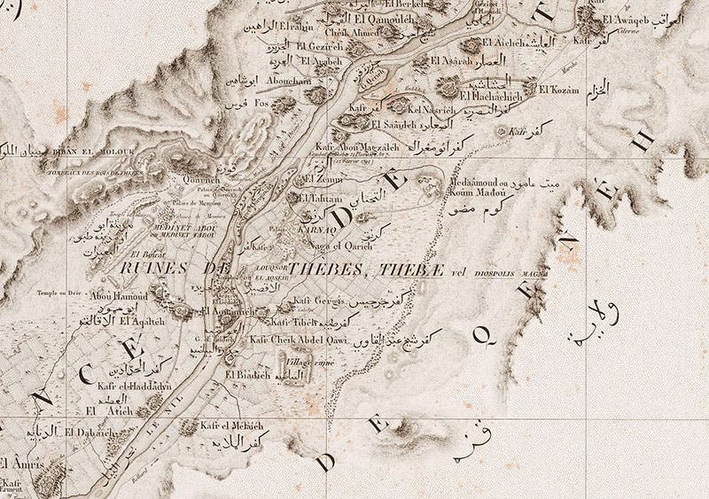 Map of Thebes and Karnak on the Nile, detail of plate 5, Carte topographique de l’Égypt, by Pierre Jacotin, part of the Description de l’Égypt, 1809-28 (Linda Hall Library)